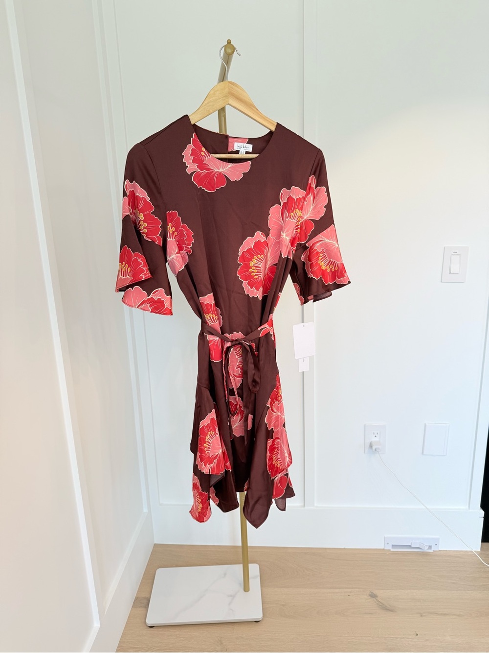 Nicole Miller Brown Midi Dress with Pink Floral Print - Picture 4 of 8